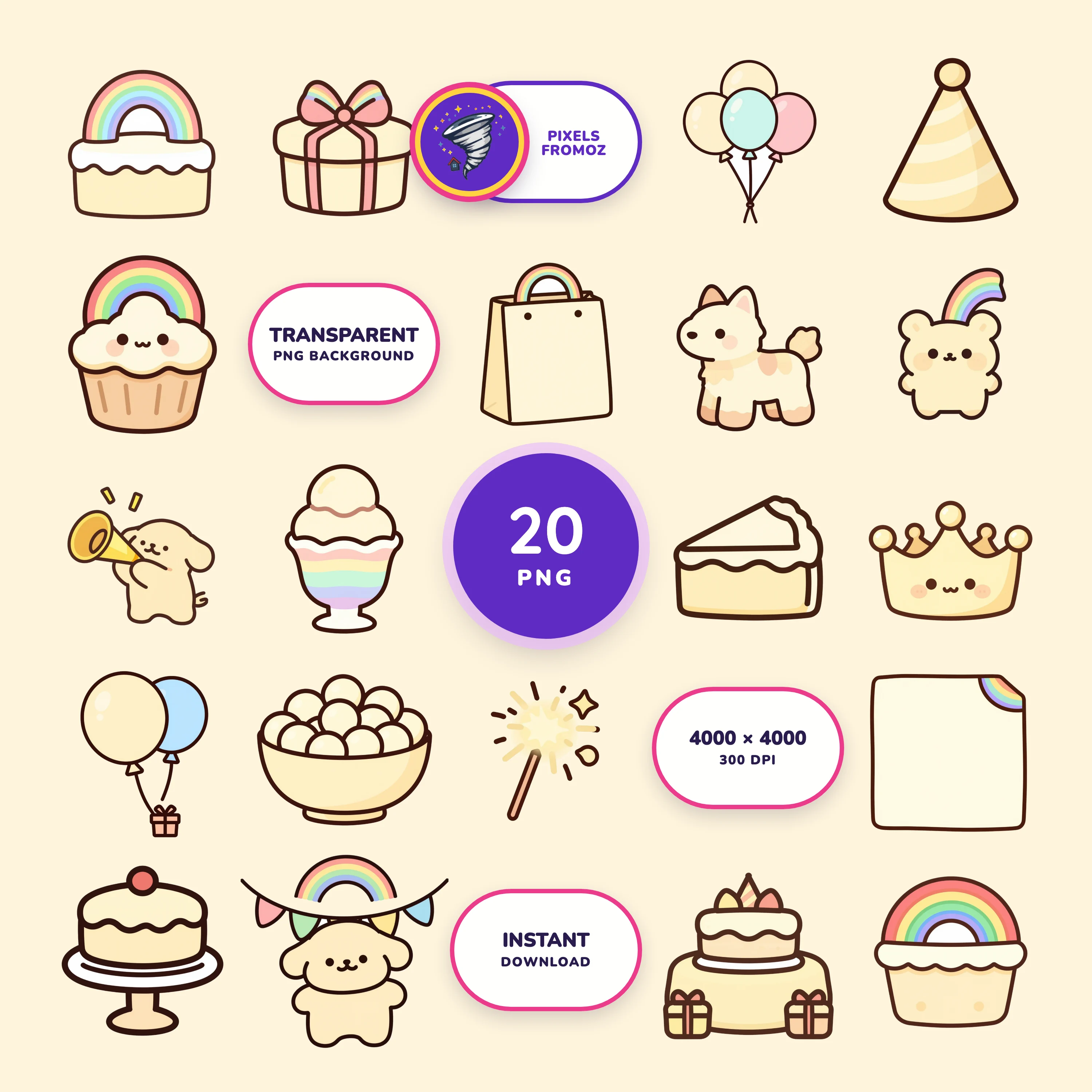 Rainbow Birthday Party PNG clip art collection