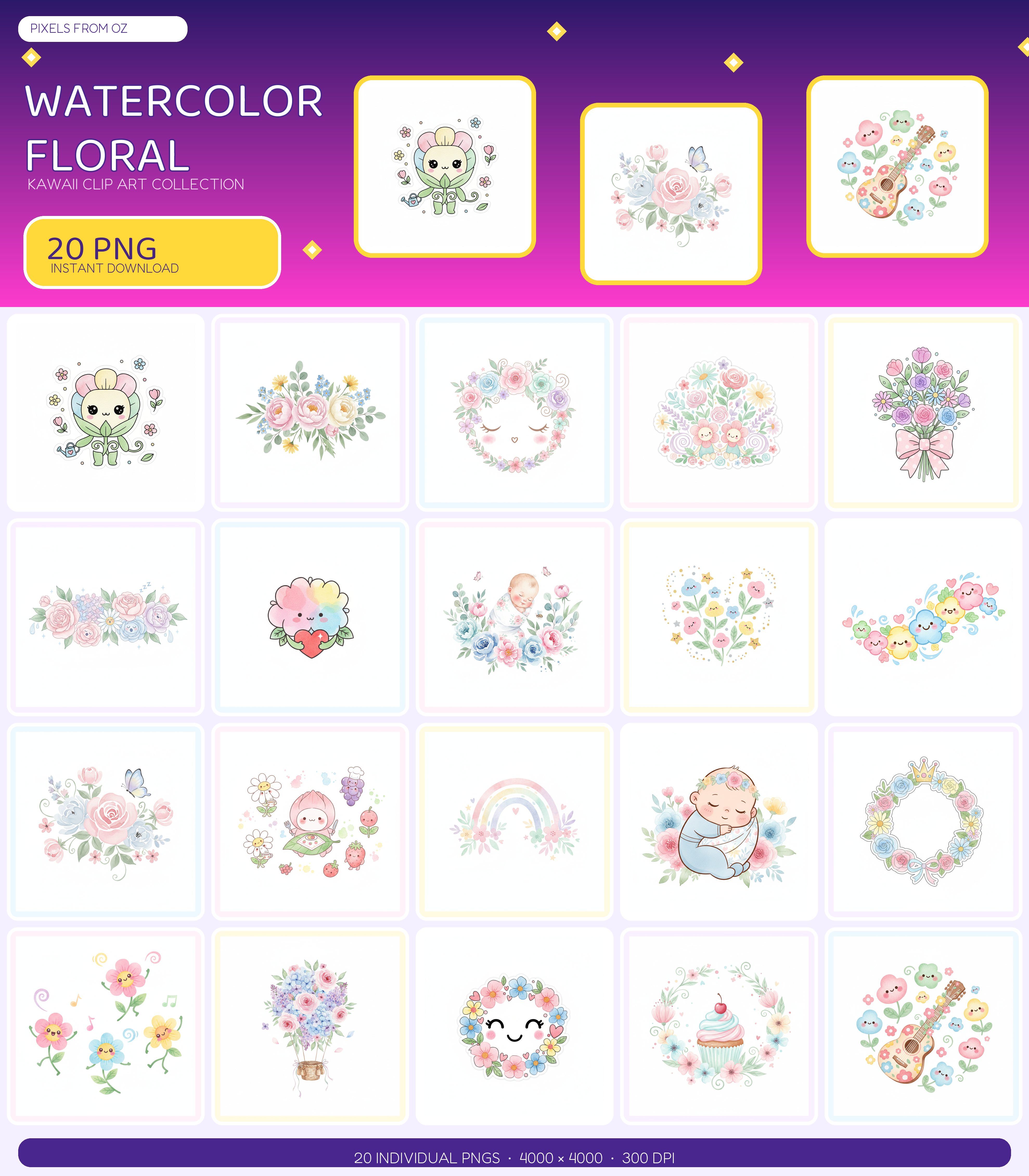 Watercolor Florals PNG clip art collection